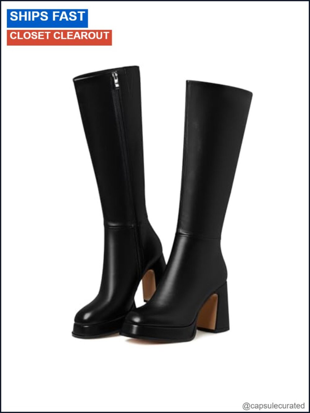 Women's Platform Knee High Chunky Heel Boots Faux Leather Fall